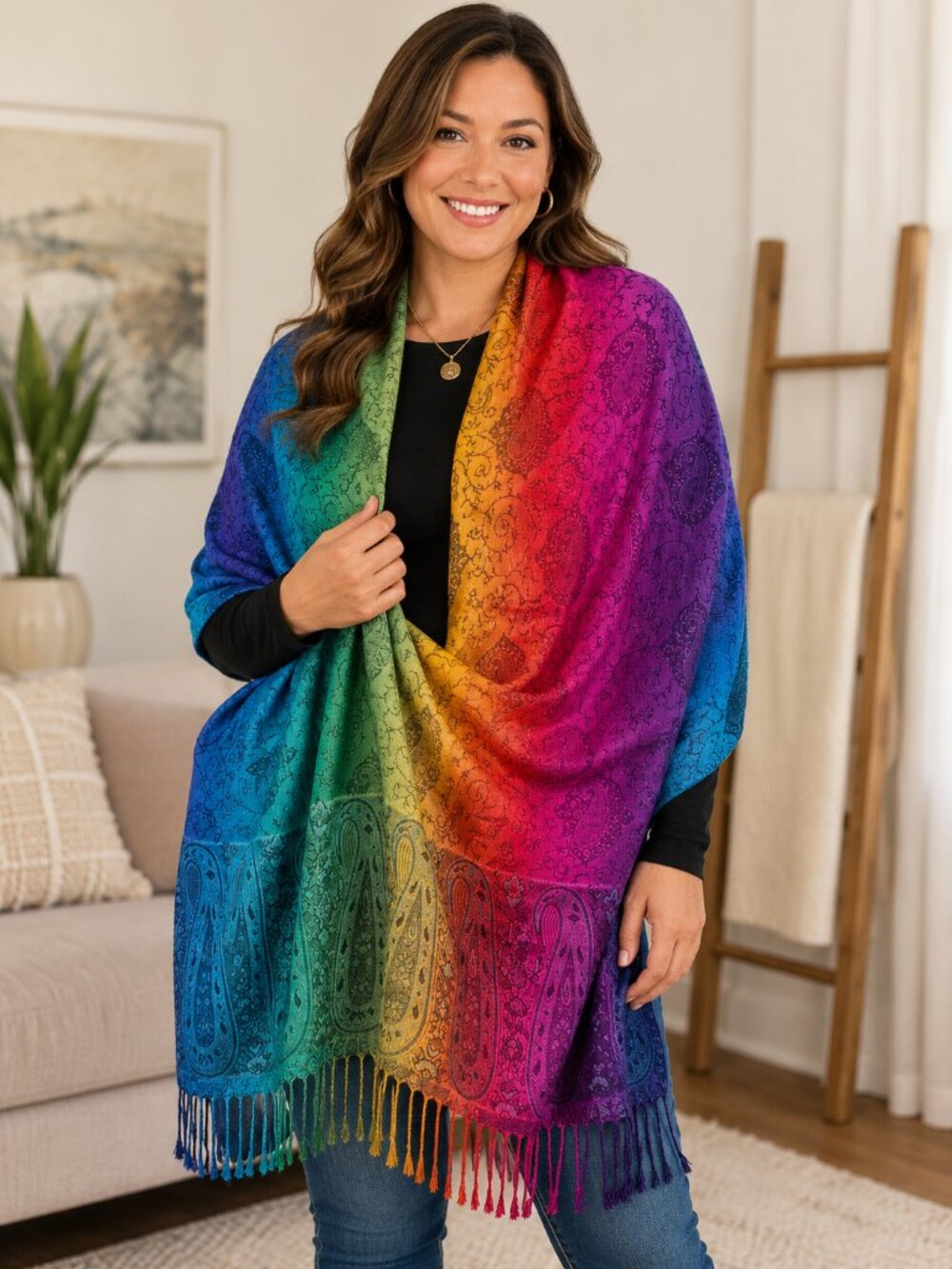 Rainbow Paisley Fringe Scarf Shawl Wrap Multicolor Boho Pashmina Style